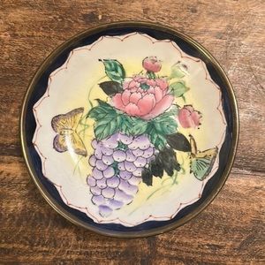 Floral Bowl Plate Brass Back Grapes Pink Roses and Lavender Butterflies